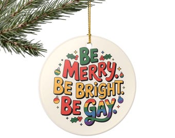 Funny LGBTQ Themed Christmas Ornament, Queer Ceramic Holiday Tree Decoration, Gay Pride Gift for Him, Humorous Rainbow Color Wall Hanging