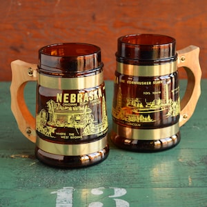 Nebraska Souvenir Glass Mugs with Wooden Handles, Brass Bands, Similar to Siesta Ware