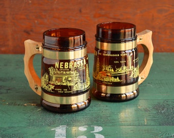 Nebraska Souvenir Glass Mugs with Wooden Handles, Brass Bands, Similar to Siesta Ware