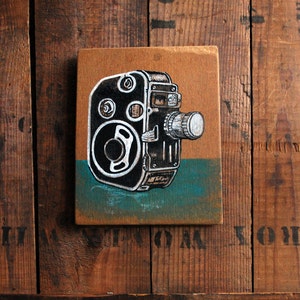 Original Painting of Bolex C8 Movie Camera, Small Painting of Camera on Reclaimed Wood