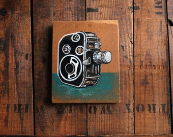 Bolex C8 Camera Painting: Vintage Movie Camera Art on Reclaimed Wood
