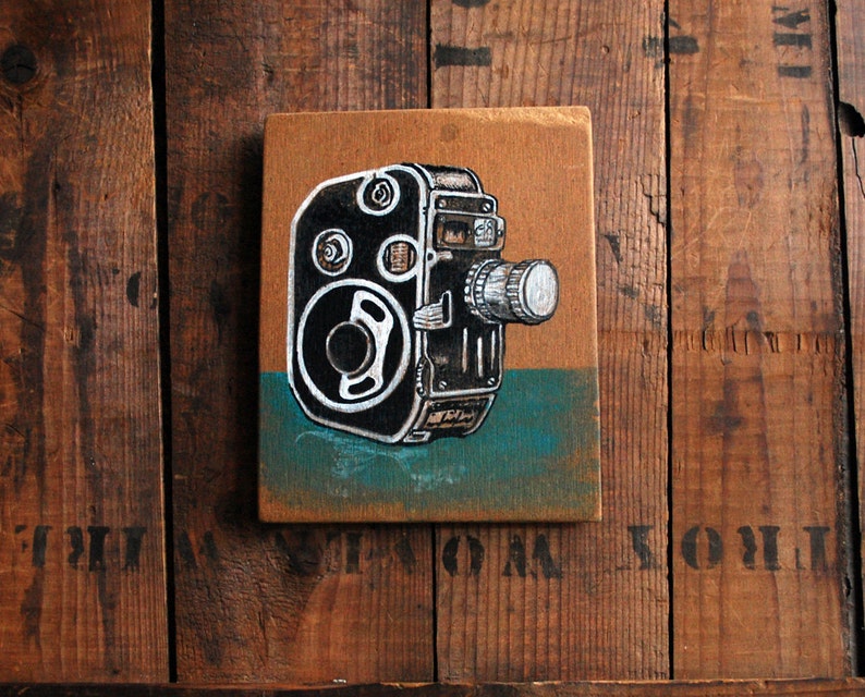 Original Painting of Bolex C8 Movie Camera, Small Painting of Camera on Reclaimed Wood image 1