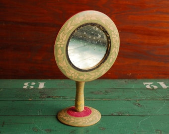 Standing Vanity Mirror, Painted and Etched Wood, Olive Green and Magenta