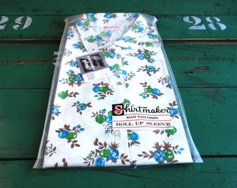 Vintage Print Roll-Sleeve Shirt by Shirtmaker, Cotton/Rayon, New in package 1960's, Size 40