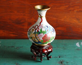 Cloisonné Vase with carved Wood Pedestal