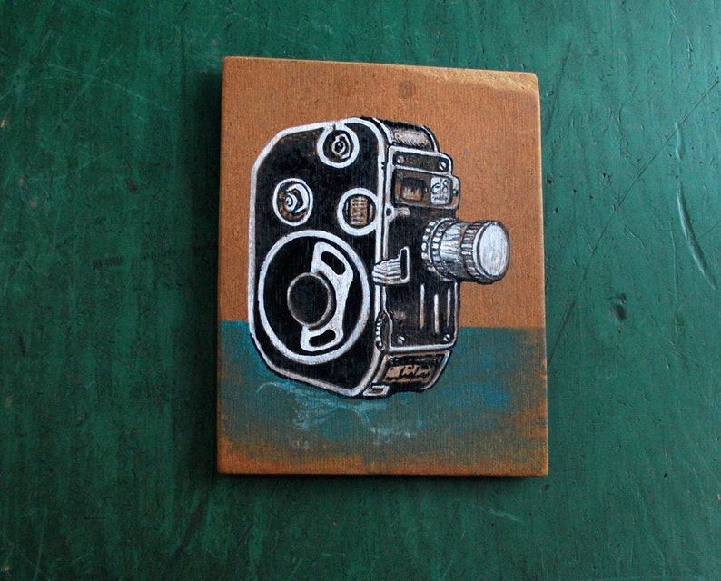 Original Painting of Bolex C8 Movie Camera, Small Painting of Camera on Reclaimed Wood image 2