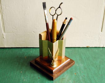 Repurposed Eagle Trophy Pencil Holder: Walnut & Maple Desk Organizer