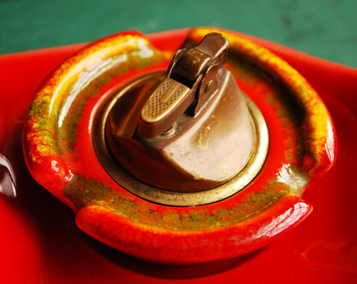 California Pottery Ceramic Ashtray Set with Lighter Flame Etsy
