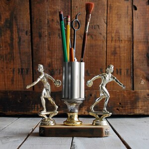 Upcycled Twin Bowler Trophy Pencil Holder: Studio Desk Organizer