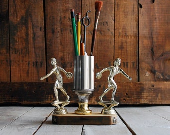 Upcycled Twin Bowler Trophy Pencil Holder: Studio Desk Organizer