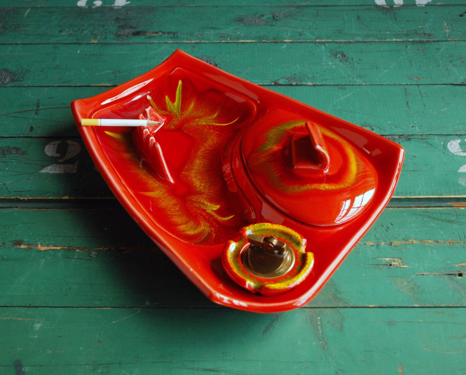 California Pottery Ceramic Ashtray Set with Lighter Flame Etsy