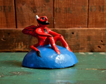Folk Art Red Devil Sculpture, Sitting on a Blue Dome