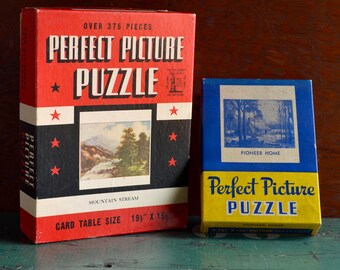 Vintage Picture Puzzle Pair, Mountain Stream & Pioneer Home