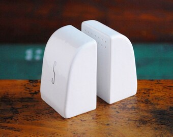 Art Deco Salt & Pepper Set, White Ceramic, Wedding Gift, White and Silver