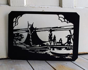 Antique Scroll Saw Art: Boat & Windmill Silhouette, 1940s Landscape