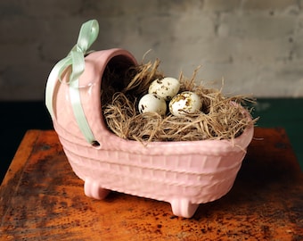 Vintage Pink Ceramic Rocking Cradle Planter, 1950s Possibly McCoy, Baby Girl Gift
