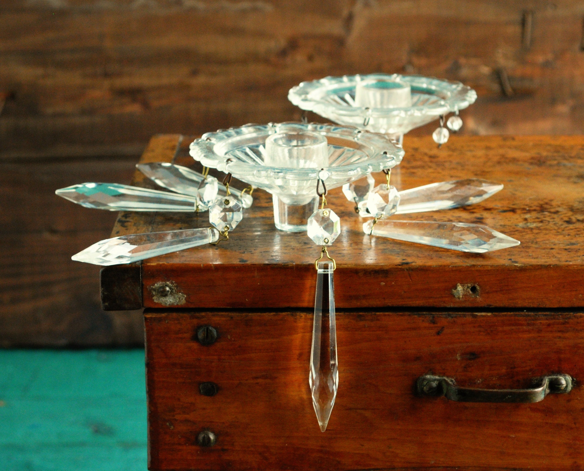 Antique Crystal Prism Drop Bobeche, Wax Cup Candle Holders 