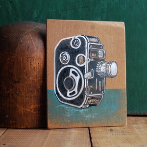 Original Painting of Bolex C8 Movie Camera, Small Painting of Camera on Reclaimed Wood image 3