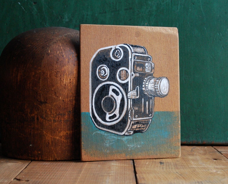 Original Painting of Bolex C8 Movie Camera, Small Painting of Camera on Reclaimed Wood image 3