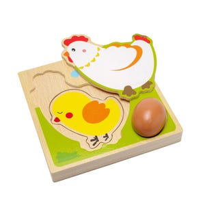 Wooden 3D Puzzle Made of Four Parts - One Base Part, Chicken, Hen And Egg - Easter Toys And Games For Children Learning And School