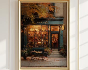 Autumn Coffee Shop Print, Moody Bookstore Wall Art, Cozy Cafe Fall Printable, Dark Aesthetic Thanksgiving Decor, Book Lover Gift