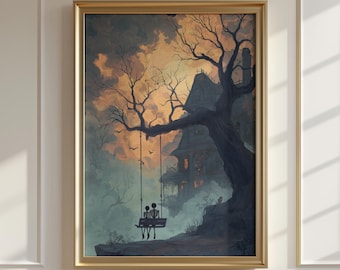 May include: Framed art print featuring a spooky scene with a large tree, a swing, and a haunted house in the background. Two skeleton figures sit on the swing. The sky is a mix of orange and gray.