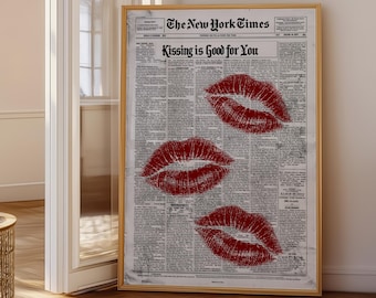 Poster con stampa di giornale "Red Lips", arredamento per dormitorio in stile preppy femminile (download digitale)