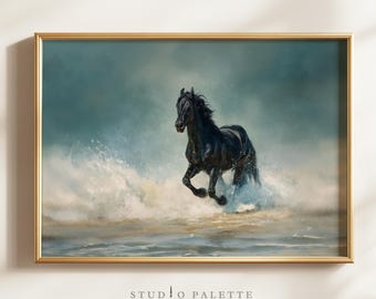 Vintage Horse Oil Painting, Coastal Beach Print (Digital Download)