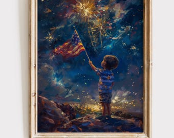 Vintage 4th of July Wall Art Independence Day Decor Patriotic USA Printable Boy with American Flag and Fireworks Painting Digital Download