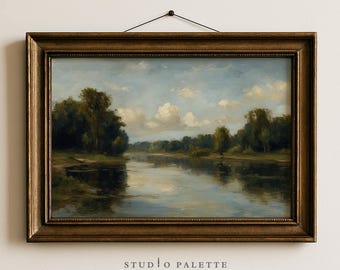 Antique River Landscape Painting, Vintage Countryside Art (Digital Download)