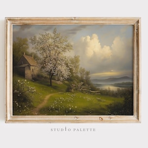 French Country Farmhouse Decor | Greenery Flowers Wall Art | Rustic Nature Scene Painting | Antique Landscape Vintage Digital Art Prints