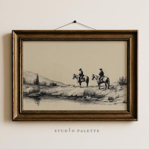 Cowboys on Horses Sketch Print, Neutral Western Print, Horse Line Drawing Wall Art, Vintage Cowboy Posters, Farmhouse Wall Decor Country Art