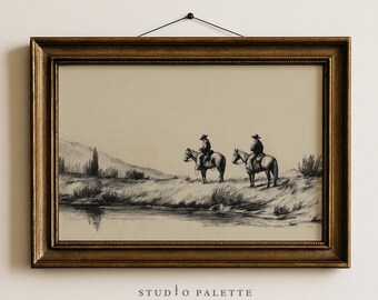 Cowboys on Horses Sketch Print, Vintage Western Farmhouse Wall Art (Digital Download)