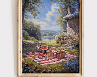 Väggkonst för självständighetsdagen | Sommarkustkonst 4 juli-tryck | Vintage patriotiska amerikanska dekortryck | Digital nedladdning