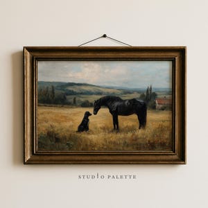 Vintage Horse and Dog Oil Painting, Equestrian Dog and Horse Wall Art, Rustic Farmhouse Animal Art, Horse in field print, Digital Horse Art