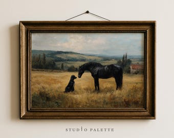 Vintage Horse and Dog Oil Painting, Equestrian Dog and Horse Wall Art, Rustic Farmhouse Animal Art, Horse in field print, Digital Horse Art