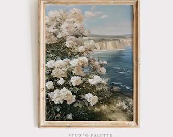 Coastal Wildflower Field Print, Vintage Beach Wall Art (Digital Download)