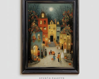 Gezellige Halloween-dorp kunst aan de muur, schattige spook en heks afdrukbaar, grillig herfstdecor, Trick or Treat digitale download