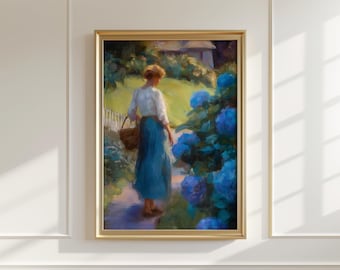Pintura floral vintage de hortensias azules, arte cottagecore romántico (descarga digital)