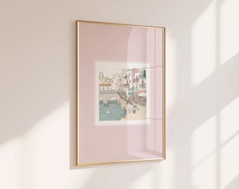 Stampa di francobolli rosa Italia, decorazione murale da viaggio femminile, estetica europea civettuola, stampa Roma Firenze Venezia, download digitale Italia pastello