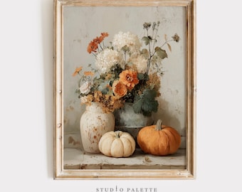 Vintage Pumpkin Wall Art, Warm Tone Autumn Cottagecore Decor, Rustic Farmhouse Fall Wall Art, Thanksgiving Floral Fall Pumpkin Painting