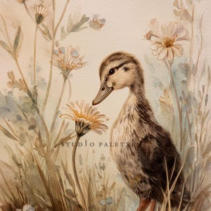 May include: Watercolor painting of a duckling amidst wildflowers. The duckling has brown and white feathers, a long neck, and a dark beak. The flowers are a mix of white and yellow, with green stems and leaves. The text "STUDIO PALETTE" is visible.