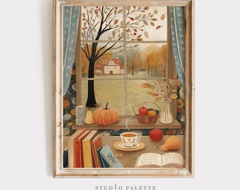 Cozy Autumn Window Print, Rustic Pumpkin Fall Wall Art, Farmhouse Fall Decor, Cottagecore Autumn Printable, Cozy Thanksgiving Download