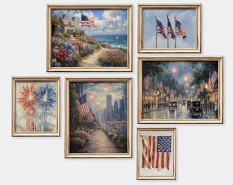 Juego de 6 impresiones artísticas para pared del Día de la Independencia, arte imprimible del 4 de julio, decoración patriótica vintage, póster estadounidense, bandera estadounidense imprimible, pintura de EE. UU.