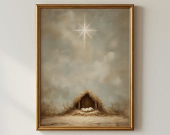 Christmas Nativity Print, Holy Family Manger Wall Art, Christian Christmas Decor, Jesus Birth Print, Religious Holiday Painting