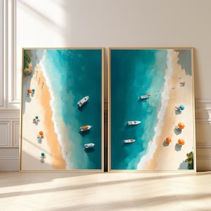 Tiny People Swimming in Ocean Art Set of 2 | Minimalist Coastal Art Print | Beach House Decor | Trendy Summer Printable Wall Art