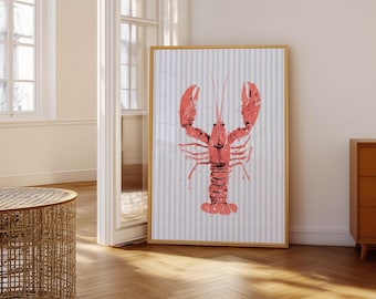 Kreeftkunstprint, blauwe strepen, kust Beachy muurkunst (digitale download)