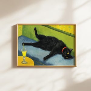 レトロな黒猫のマティーニウォールアートバーカートの装飾カクテルアート黒猫のヴィンテージ油絵かわいい黒猫愛好家のプリント折衷的なウォールアート