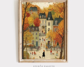 Cozy Fall Printable Wall Art, Cute Autumn Decor, Warm Tone Cottagecore Print, Cozy Village Cityscape Painting, Neutral Thanksgiving Download