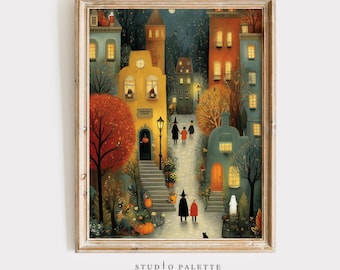 Cottagecore Halloween Art Print, Spooky Autumn Town (Digital Download)